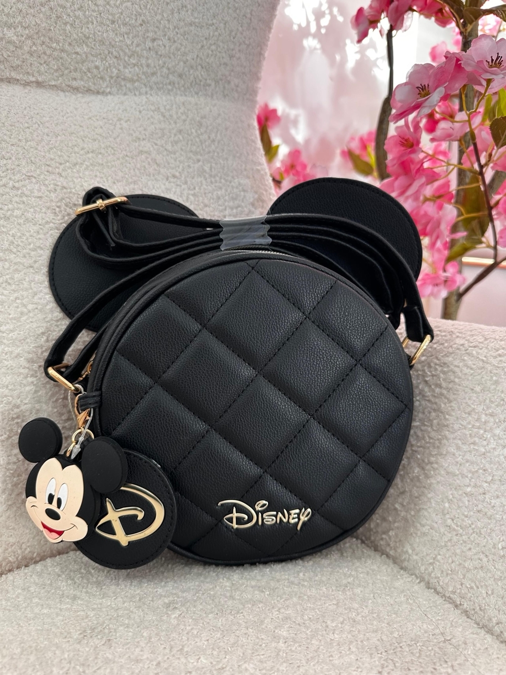 Disney Black Quilted Mickey Ear Mini Crossbody Bag with Charm
